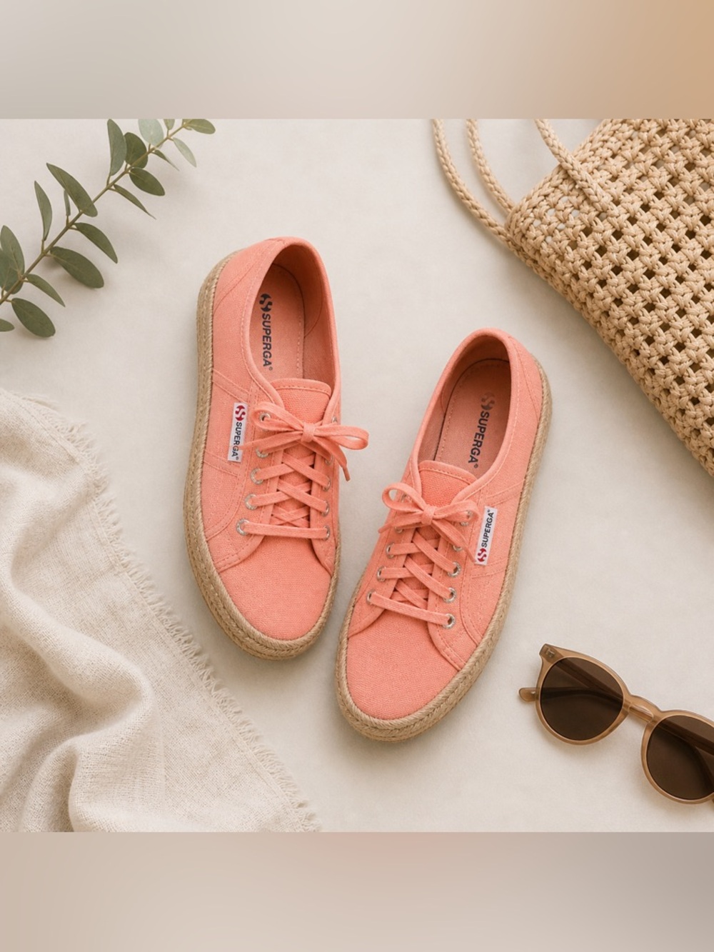 Superga Raffia Espadrilles Sneakers Canvas Coral Lace Up Summer Coastal Eu 39.5